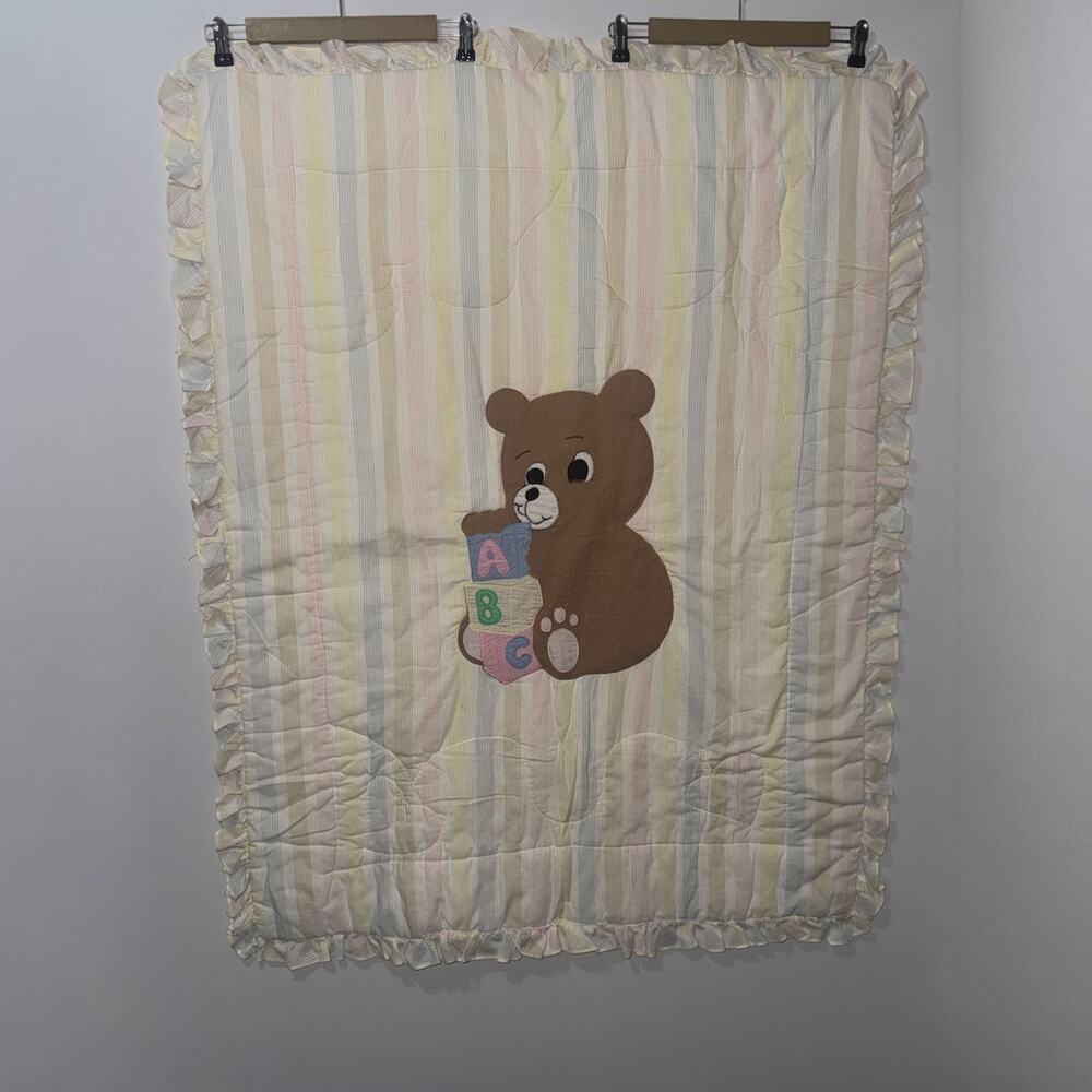 Red Galliope Vintage 80s Crib Quilt Blanket Pastel Bear ABC Blocks